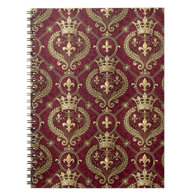 Gold Crown & Red Velvet Royal Damask Pattern Art Notebook (Front)