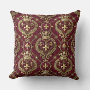 Gold Crown & Red Velvet Royal Damask Pattern Art Throw Pillow