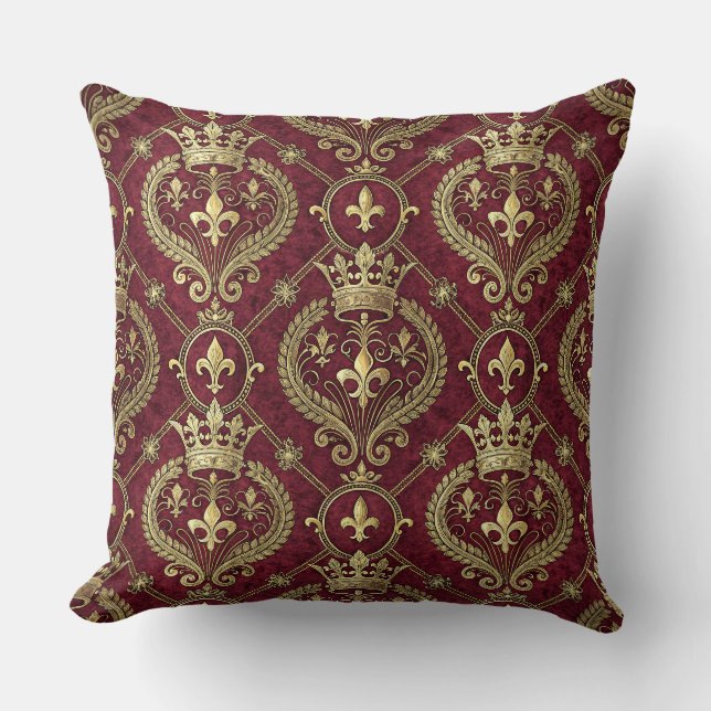 Gold Crown & Red Velvet Royal Damask Pattern Art Throw Pillow (Front)
