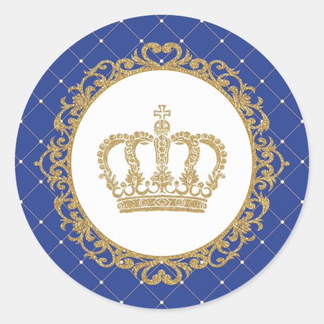 Gold Crown Royal Blue Baby Prince 1st Birthday Classic Round Sticker (Front)