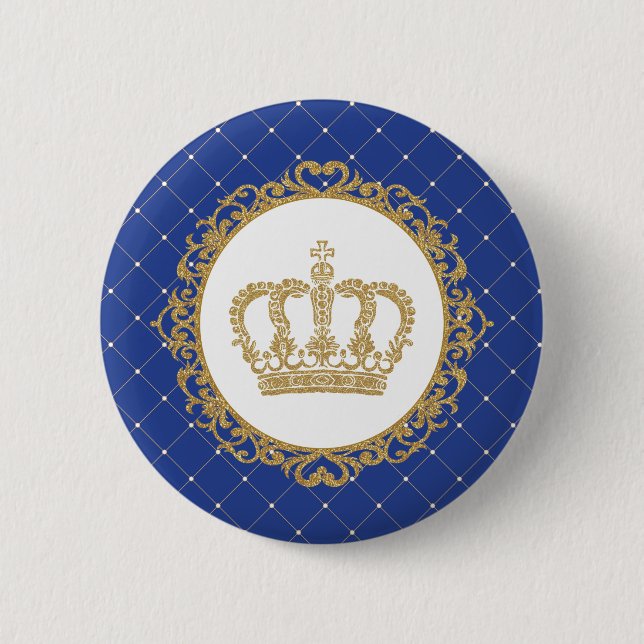 Gold Crown Royal Blue Prince Shower 1st Birthday 2 Inch Round Button (Front)