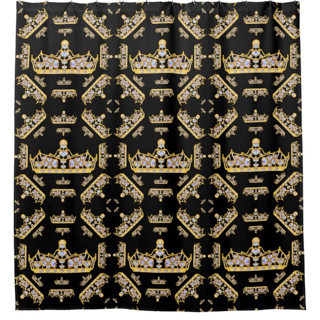 Gold Crowns Heart Diamonds Pearls Pattern Black (Front)