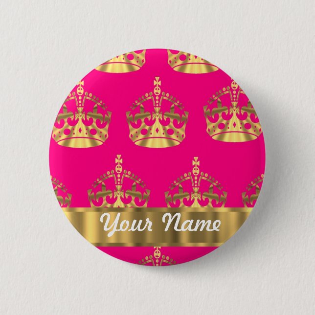 Gold crowns on hot pink 2 inch round button (Front)