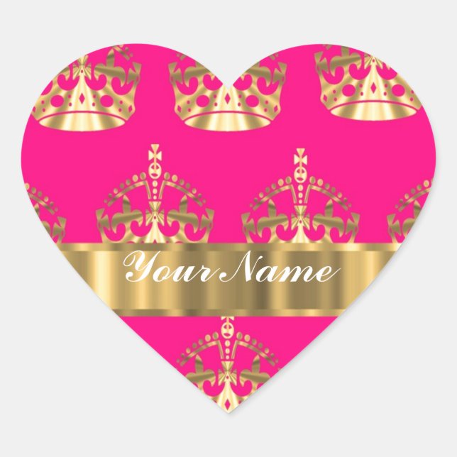 Gold crowns on hot pink heart sticker (Front)