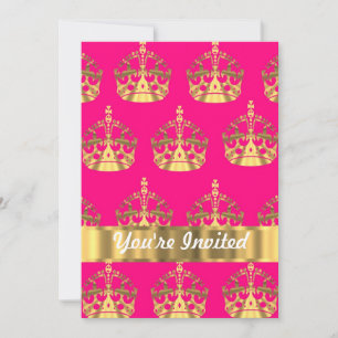 Gold crowns on hot pink invitation