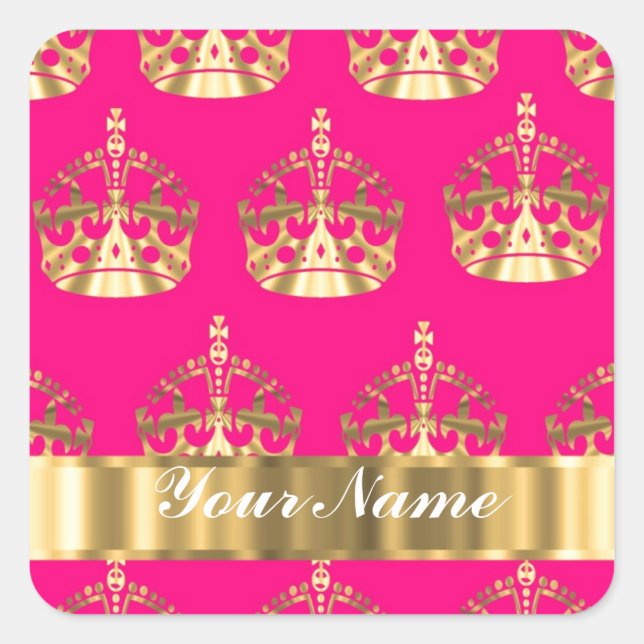 Gold crowns on hot pink square sticker (Front)