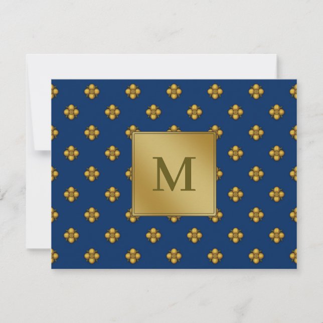 Gold Cruciferous Flowers Monogrammed Blue Card (Front)