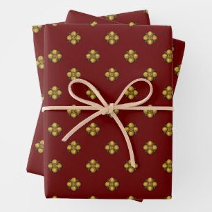 Gold Cruciferous Flowers on Dark Red Wrapping Paper Sheet
