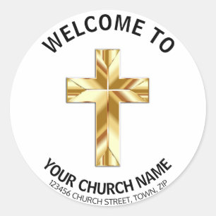 Gold Crucifix Church Welcome Classic Round Sticker