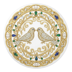 Gold Crystal Birds faux 2D graphic gemstones Ceramic Knob