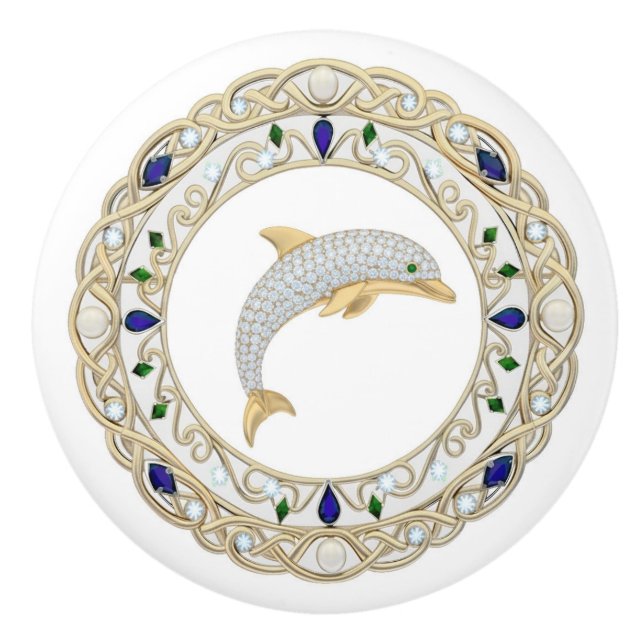 Gold Crystal Dolphin 2Dgraphic Ocean Sea Marine Ceramic Knob (Front)
