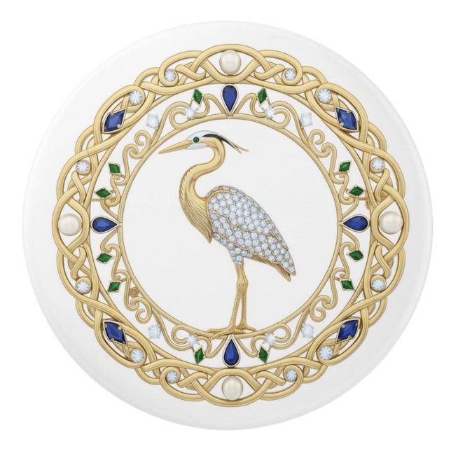 Gold Crystal Heron Sea Bird 2Dgraphic gemstone Ceramic Knob (Front)