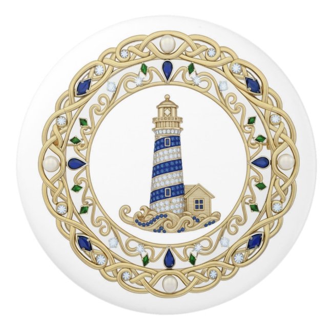 Gold Crystal Lighthouse 2Dgraphic Sea Light House Ceramic Knob (Front)
