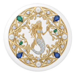 Gold Crystal Mermaid Underwater Marine Ocean Sea Ceramic Knob