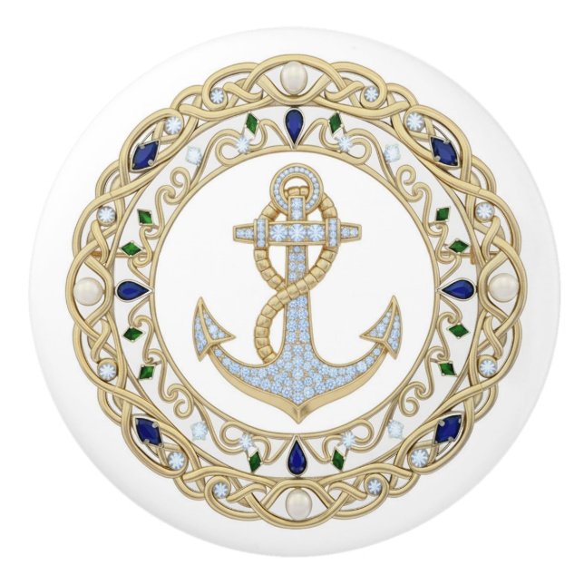 Gold Crystal Nautical Anchor Diamond 2DGraphic Ceramic Knob (Front)