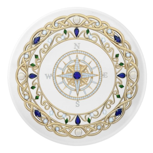 Gold Crystal Nautical Captain Ship Compass Rose Ceramic Knob (Front)