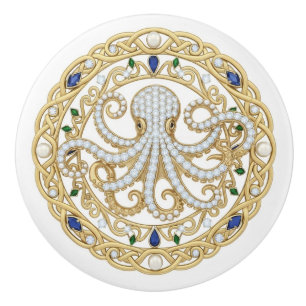 Gold Crystal Ocean Sea Octopus 2D graphic gemstone Ceramic Knob