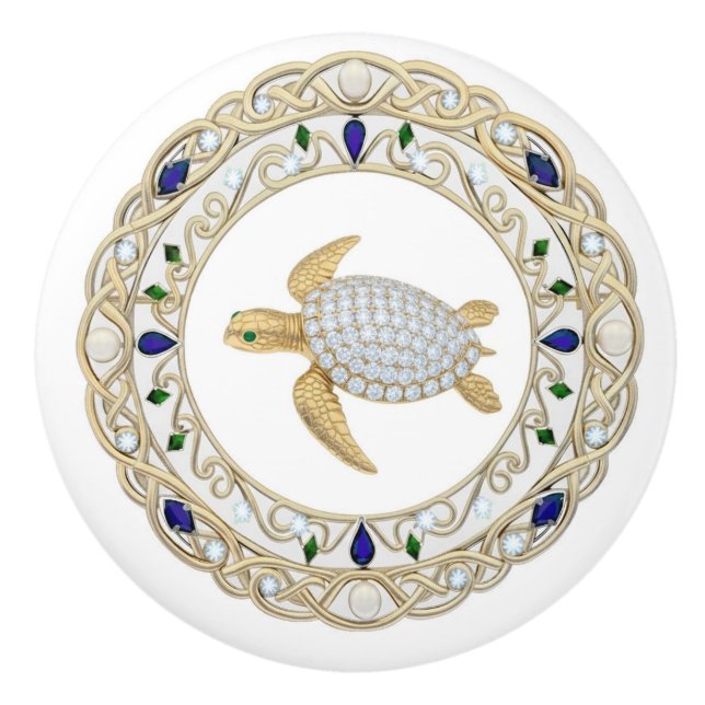 Gold Crystal Sea Turtle 2Dgraphic Diamond Ocean Ceramic Knob (Front)