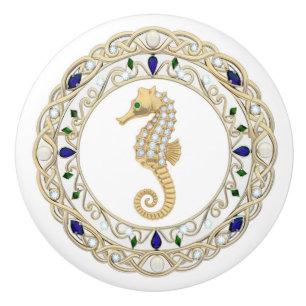 Gold Crystal Seahorse 2Dgraphic Ocean Sea Horse Ceramic Knob