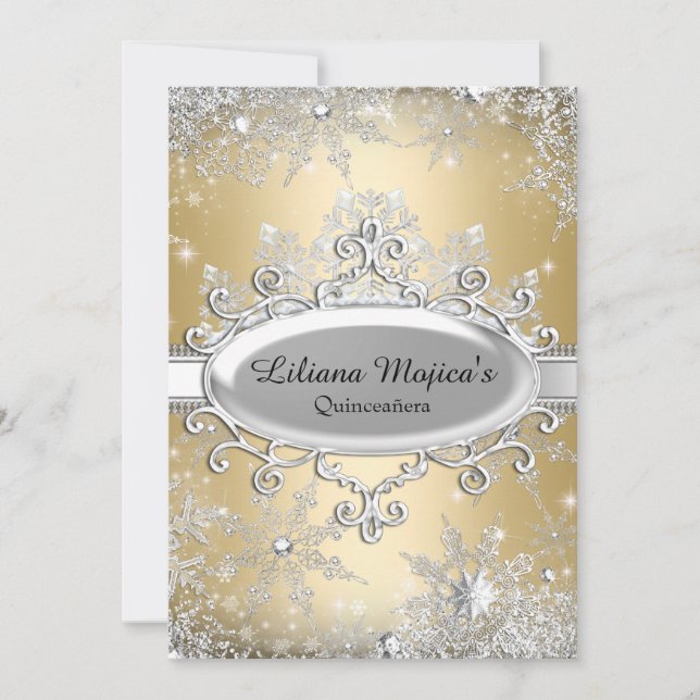 Gold Crystal Snowflake Princess Quinceanera Invitation (Front)