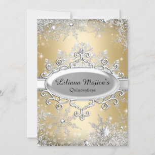 Gold Crystal Snowflake Princess Quinceanera Invitation