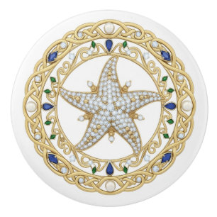 Gold Crystal Starfish Sea Star 2D graphic gemstone Ceramic Knob