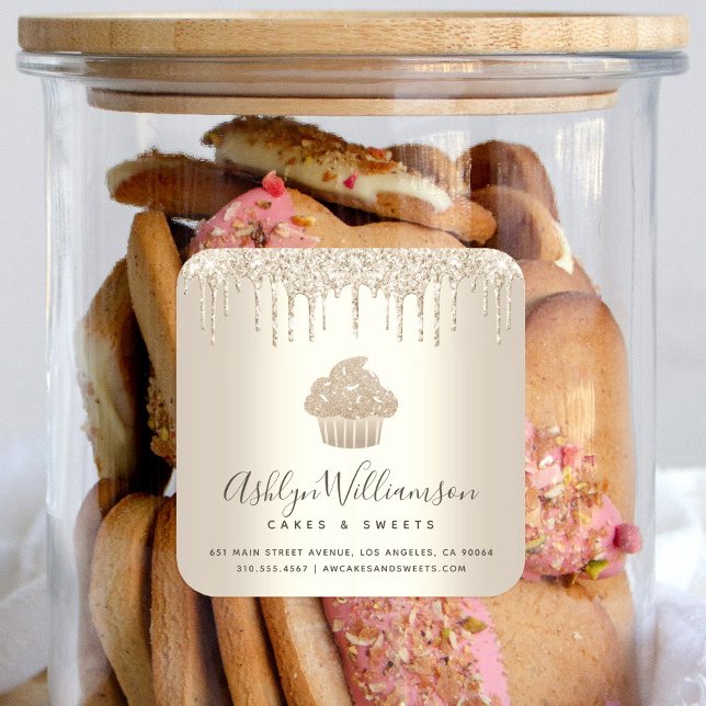 Gold Cupcake Bakery Pastry Chef Glitter Drips Chic Square Sticker (Creator Uploaded)