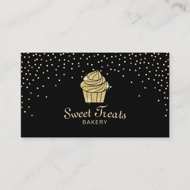 Gold Cupcake Bakery Sweet Treats Modern Confetti Business Card (Front)