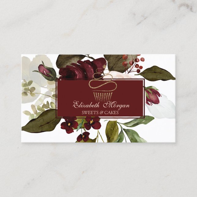 Gold Cupcake Burgundy Flowers Bakery Business Card (Front)