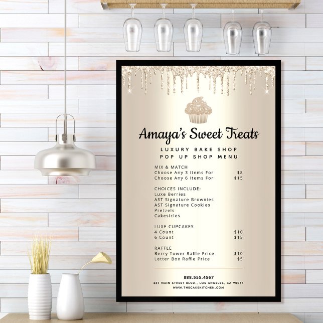 Gold Cupcake Glitter Drips Bakery Pastry Chef Menu Poster (Creator Uploaded)