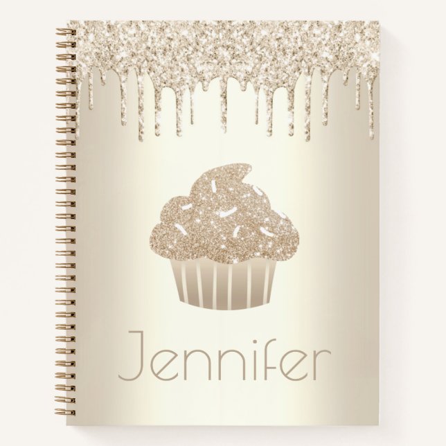 Gold cupcake glitter drips name glam simple modern notebook (Front)