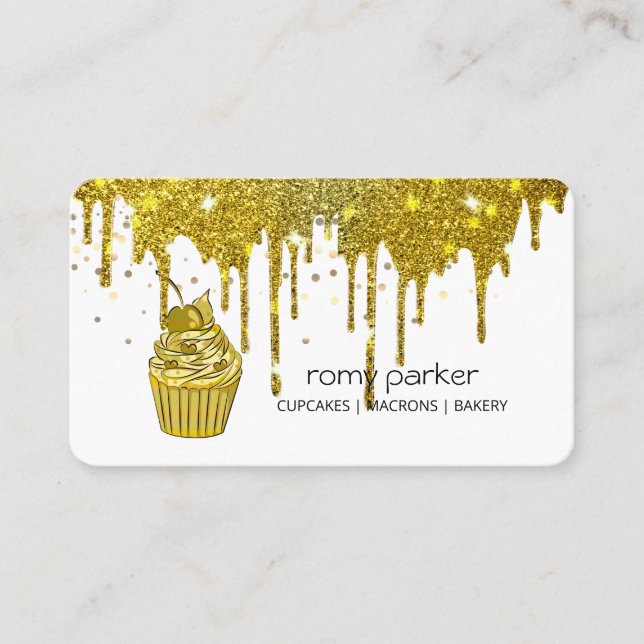 Gold Cupcake Home Bakery Pastry Dripping Business Card (Front)