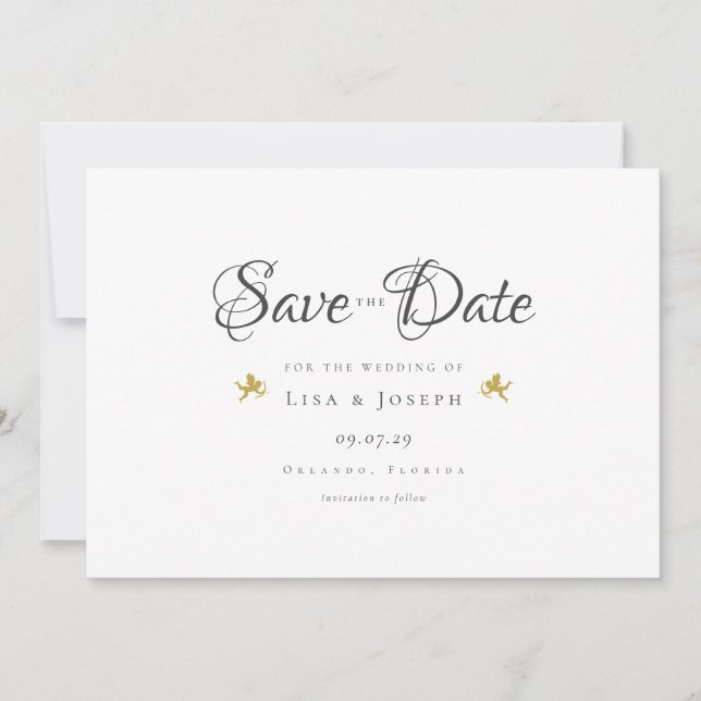 Gold Cupids Elegant Script Save The Date (Front)