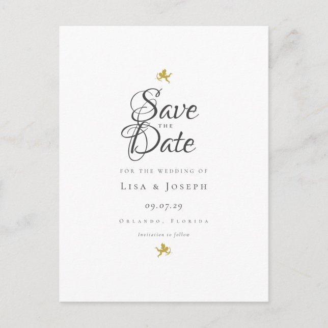Gold Cupids Elegant Script Save the Date Postcard (Front)