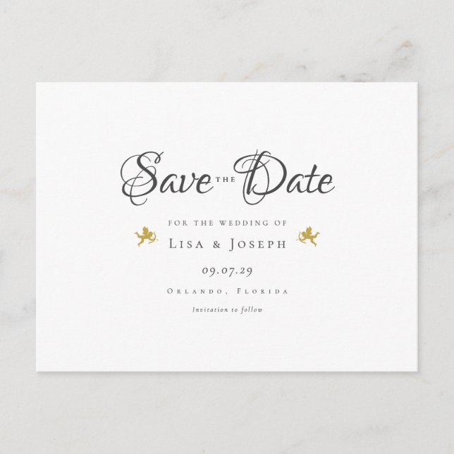 Gold Cupids Elegant Script Save the Date Postcard (Front)