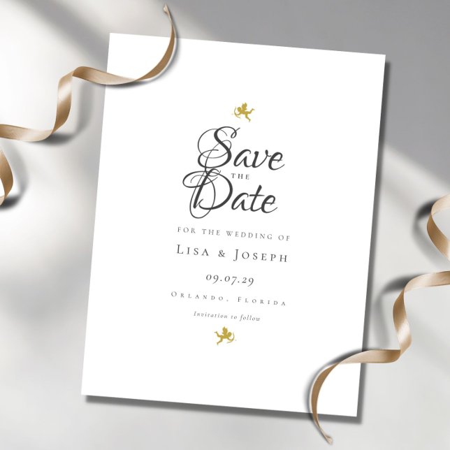 Gold Cupids Elegant Script Save the Date Postcard (Creator Uploaded)