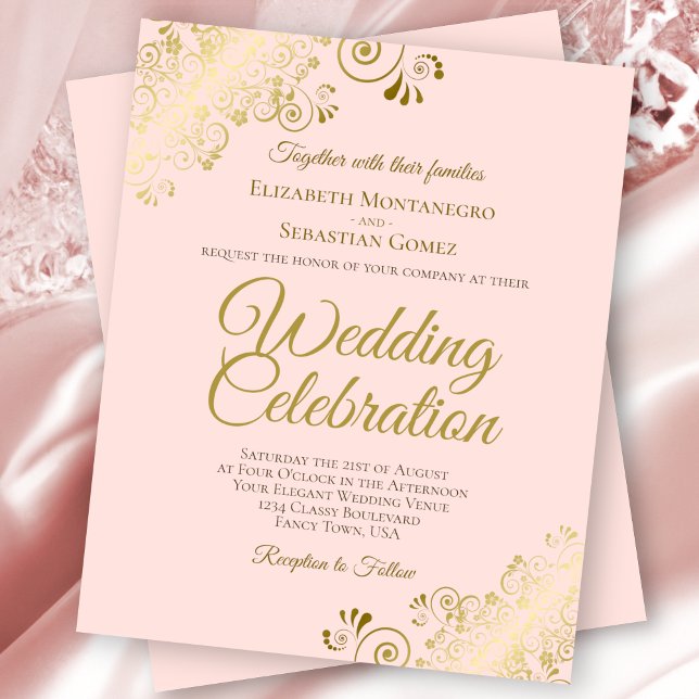 Gold Curls Elegant Pink BUDGET Wedding Invitation (Creator Uploaded)