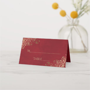 Gold Curls on Crimson Red Elegant Wedding Write-In Place Card