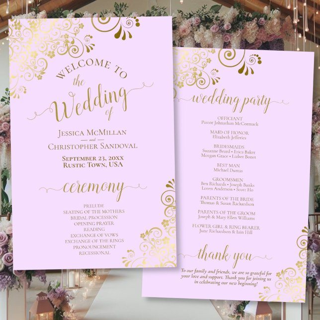 Gold Curls on Lilac Elegant Budget Wedding Program (Front/Back)