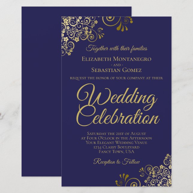Gold Curls on Navy BUDGET Wedding Invitation Large (Front/Back)