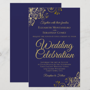 Gold Curls on Navy BUDGET Wedding Invitation Large