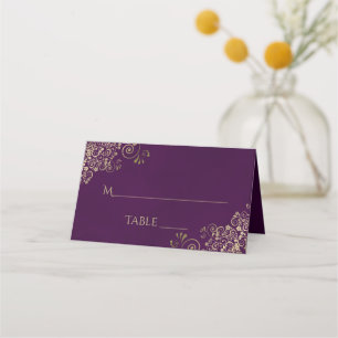 Gold Curls on Plum Purple Elegant Wedding Write-In Place Card