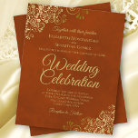 Gold Curls Rust Orange BUDGET Wedding Invitation<br><div class="desc">These affordable, budget friendly wedding invitations are the perfect choice for class, style, and beauty on a budget. The design features a marbled rust orange background with ornate golden curls and swirls in the corners. The typography includes fancy script lettering for a style that is at once simple and elegant....</div>