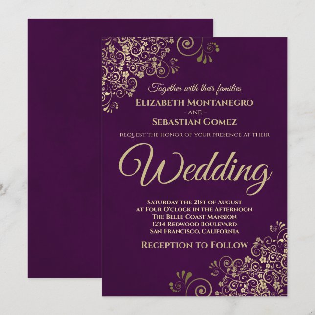 Gold Curls Simple Chic Elegant Plum Purple Wedding Invitation (Front/Back)