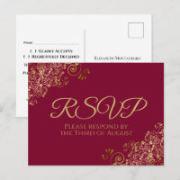 Gold Curls & Swirls Maroon Burgundy Wedding RSVP