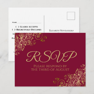 Gold Curls & Swirls Maroon Burgundy Wedding RSVP Postcard