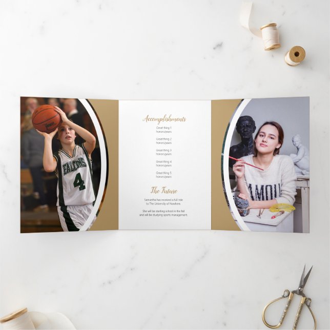 Gold Curved Frame Three Photo Graduation Tri-Fold Invitation (Inside)