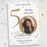 Gold Custom 50th Birthday Save The Date Card<br><div class="desc">Gold Custom 50th Birthday Save The Date Card. And elegantly designed special birthday celebration save the date,  featuring a custom photo of birthday person and script calligraphy with vintage flourish elements. Simple enough to fit a variety of themes and colours!
Need help? Simply contact me!</div>