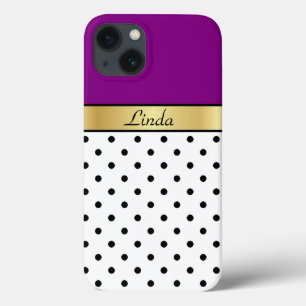 Gold Custom Name. Purple, White & Black Polka Dots iPhone 13 Case