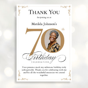 Gold Custom Photo 70th Birthday Thank You Card